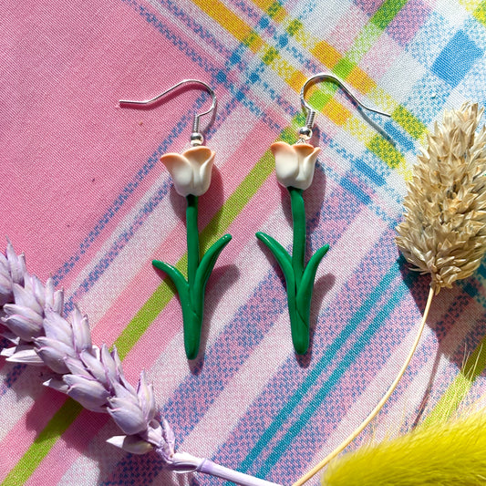 White - Peach Rose Earrings